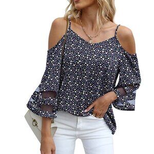Blue Floral Print Mesh Panel 3/4 Bell Sleeve Off‎ Shoulder Relaxed Loose Top